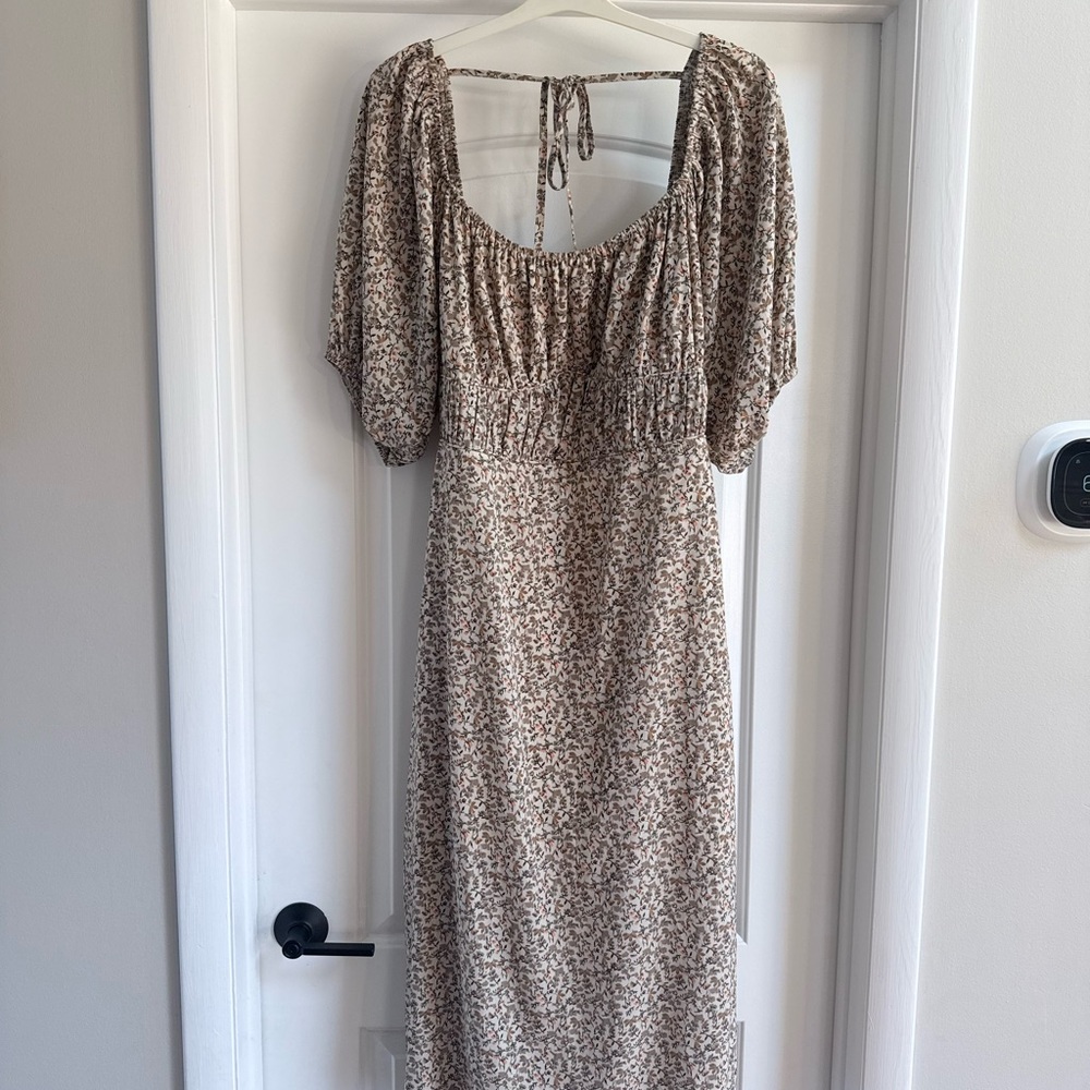 bohme Cream Floral Puff-Sleeve Midi Dress